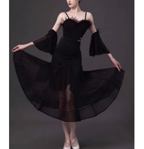Black ostrich Feather ballroom dance dress for women girls foxtrot walt tango smooth dance long gown for lady